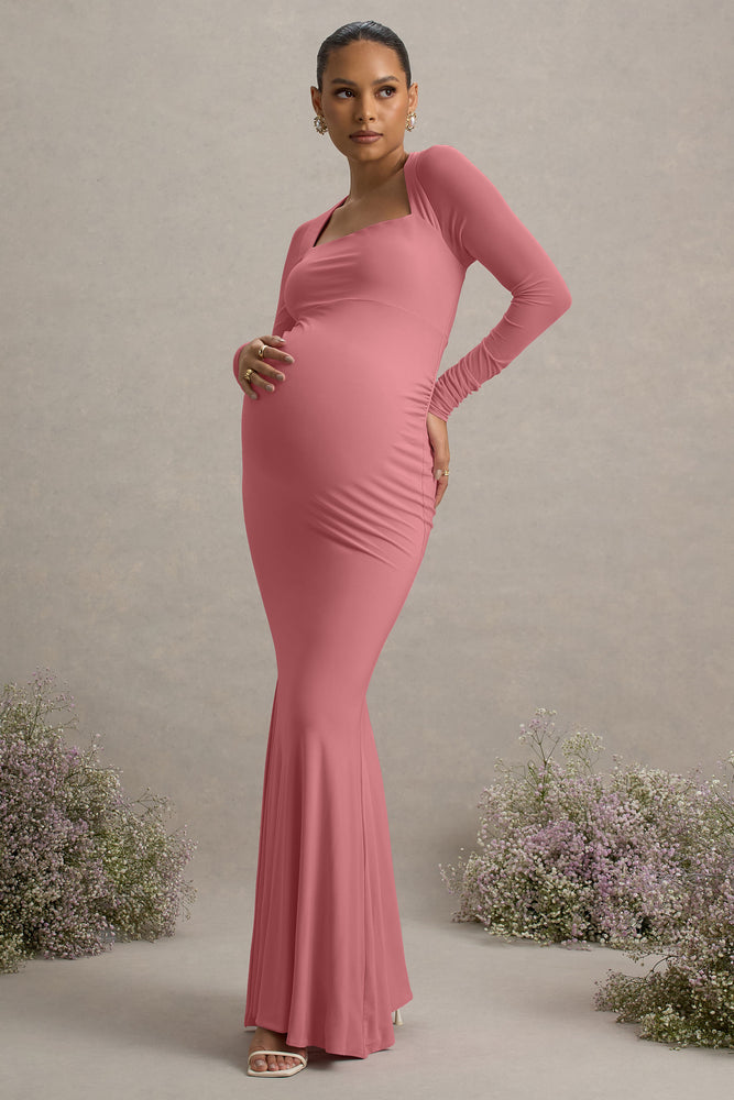 Abeam Blush Pink Maternity Maxi Dress With Sheer Sleeves – Club L London Abeam Blush Pink Maternity Maxi Dress With Sheer Sleeves – Club L London