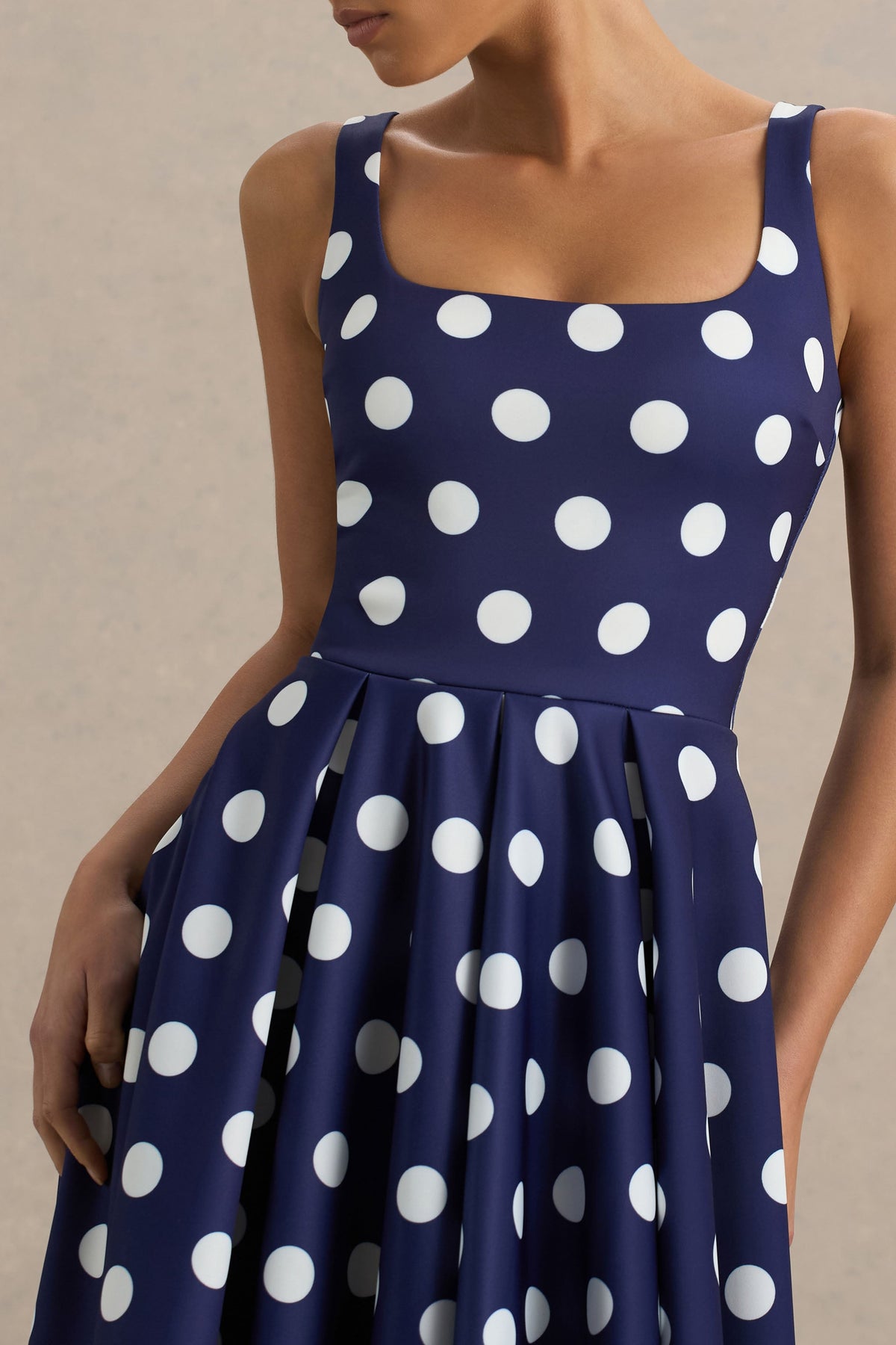 Berta | NAVY And White Polka-Dot Square-Neck Midi Dress - UK 6 NAVY BASE White POLKA DOT Berta | NAVY And White Polka-Dot Square-Neck Midi Dress - UK 6 NAVY BASE White POLKA DOT