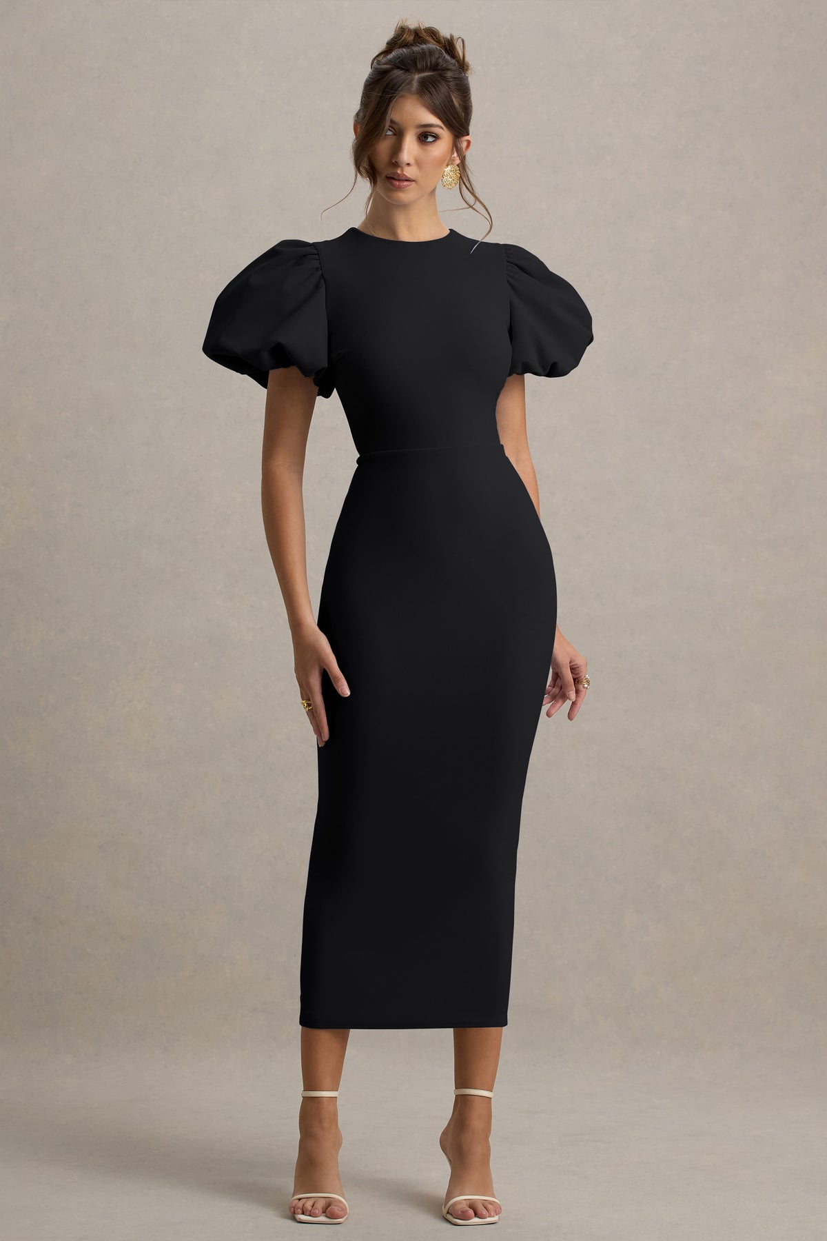 Dakota Black Puff-Sleeve Midi Dress Club L London - USA Dakota Black Puff-Sleeve Midi Dress Club L London - USA
