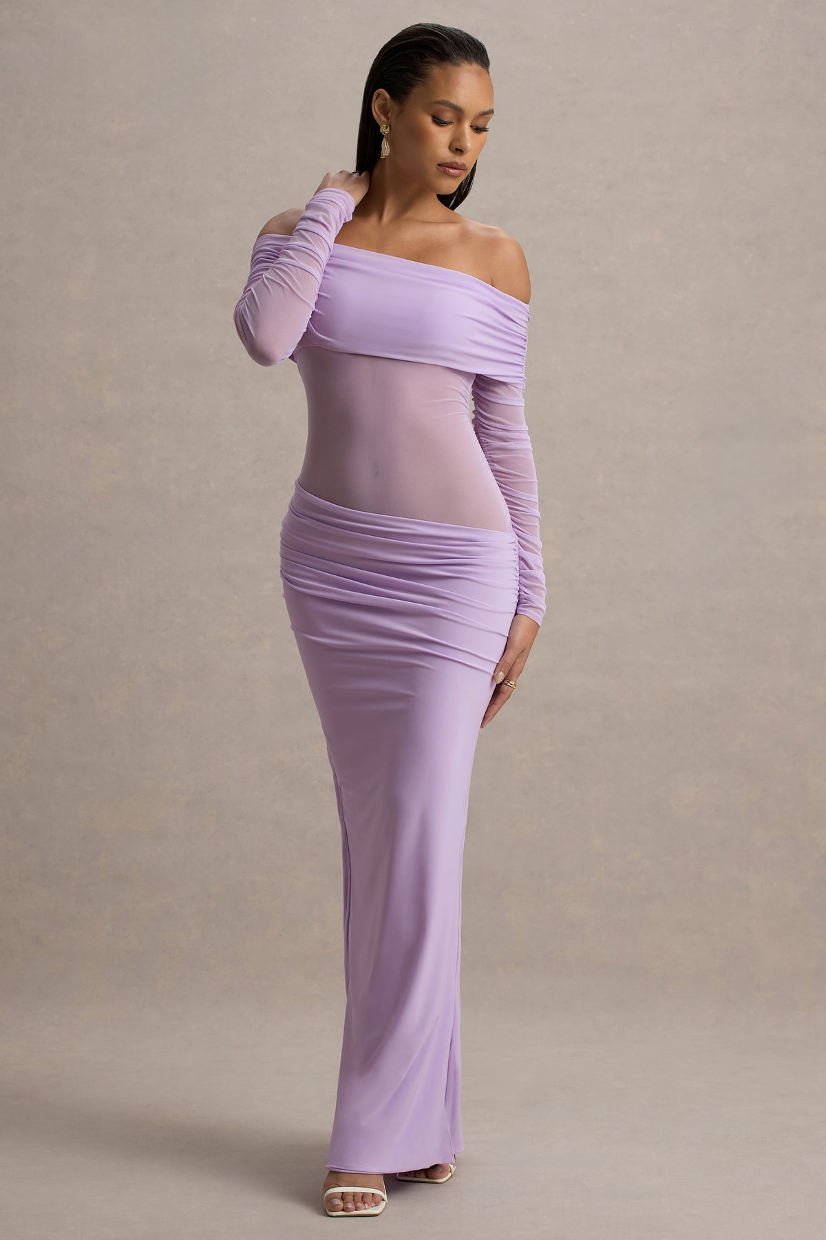 Belamour | Lavender Semi-Sheer Bardot Gathered Maxi Dress