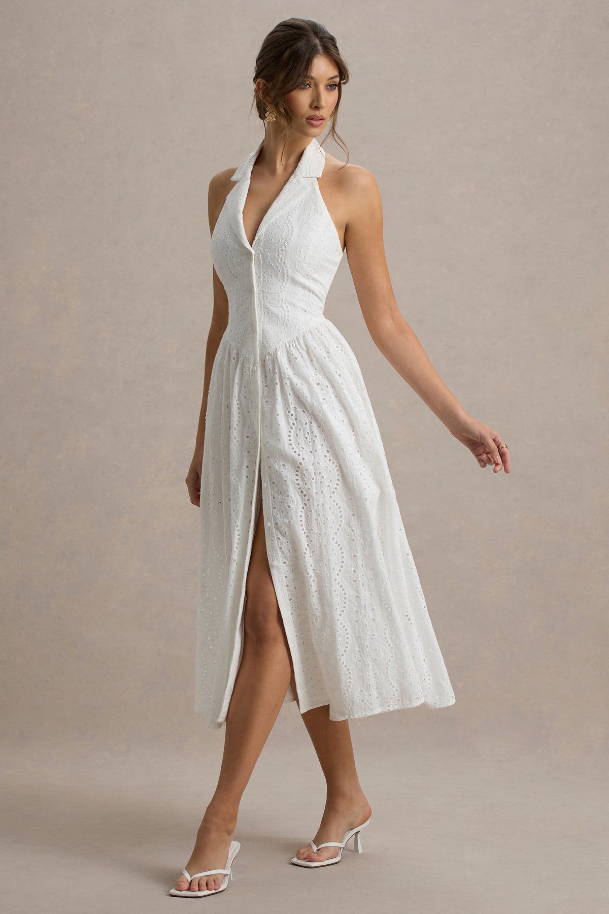 Jezebel | White Lace Plunge-Neck Collared Midi Dress - UK 12 White Jezebel | White Lace Plunge-Neck Collared Midi Dress - UK 12 White
