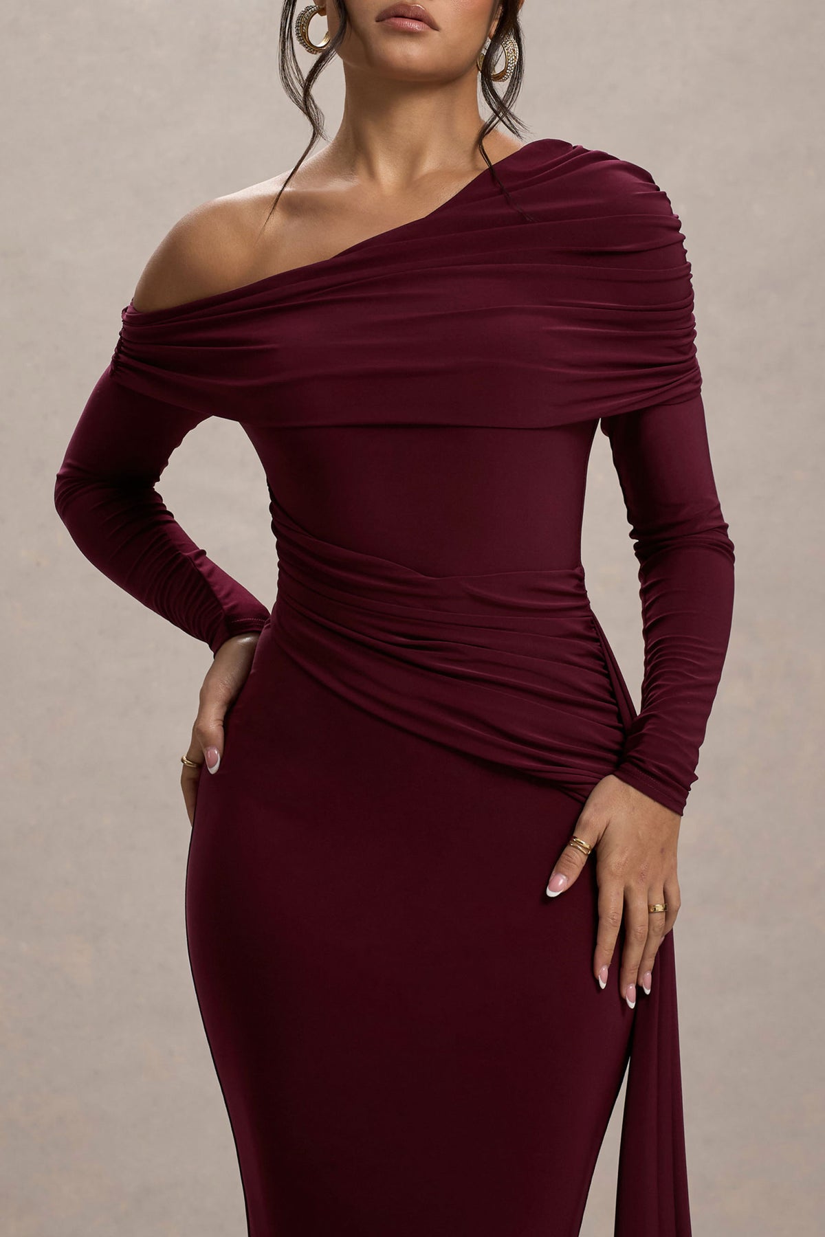 Valina | Burgundy Ruched Asymmetric Maxi Dress With Drape