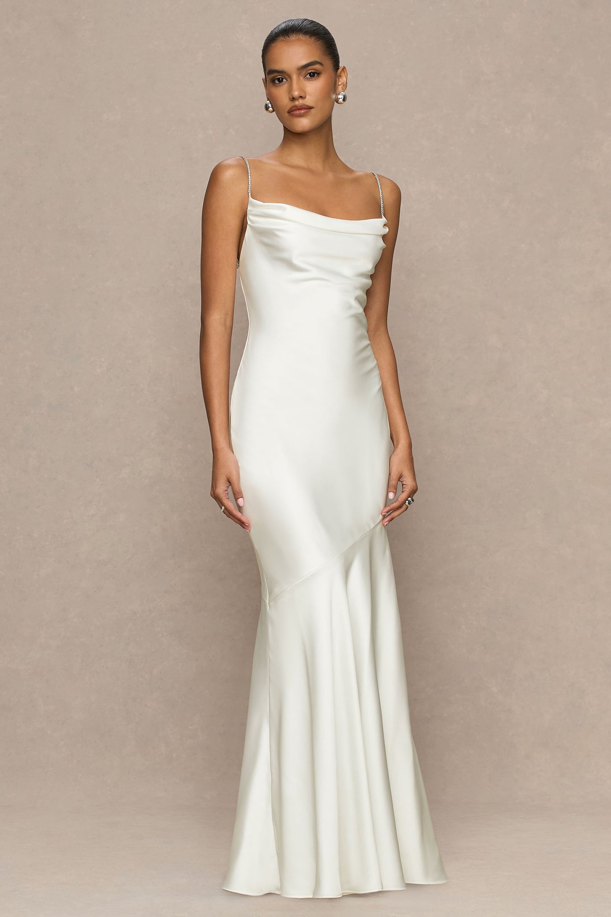 Maelia | Cream Satin Cowl-Neck Maxi Dress With Diamante Straps