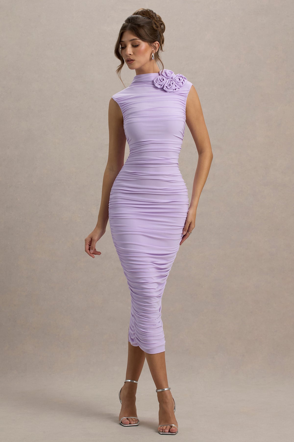 Bridget Lilac High-Neck Gathered Midi Dress With Floral Detail – Club L London Bridget Lilac High-Neck Gathered Midi Dress With Floral Detail – Club L London