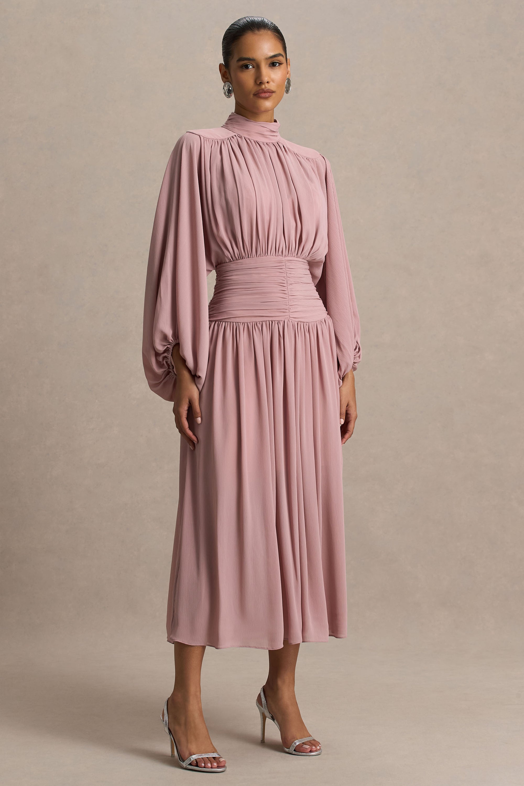 blush pleated midi dress Tulip | Blush Pink Pleated High-Neck Midi Dress
