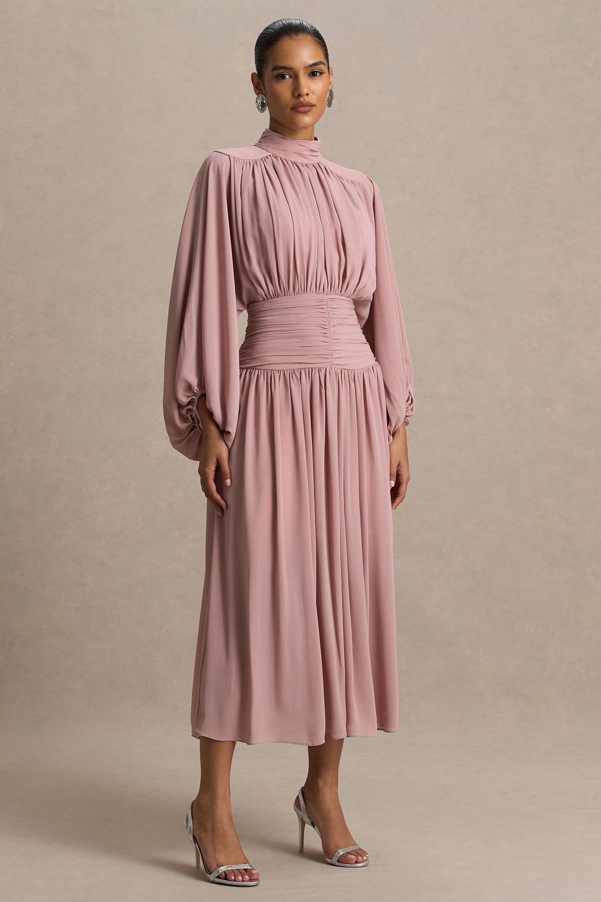 Annabel | Dusty PINK High-Neck Midi Dress With Pleating - UK 12 DUSKY PINK Annabel | Dusty PINK High-Neck Midi Dress With Pleating - UK 12 DUSKY PINK