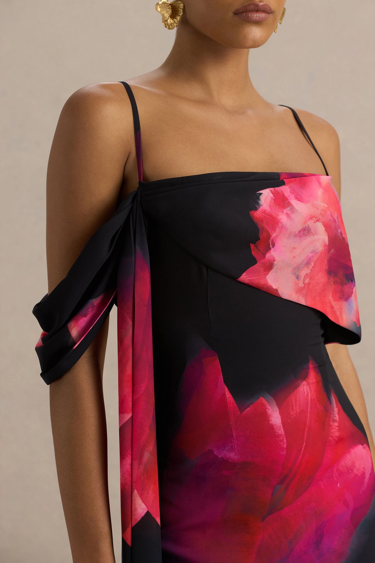 Leonara Black And Pink Floral Print Cowl-Neck Maxi Dress With One-Sl Club L London - USA Leonara Black And Pink Floral Print Cowl-Neck Maxi Dress With One-Sl Club L London - USA
