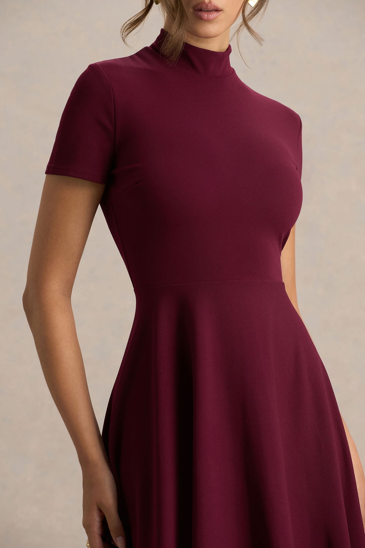 Bellona Burgundy High-Neck High-Low Midi Dress – Club L London Bellona Burgundy High-Neck High-Low Midi Dress – Club L London