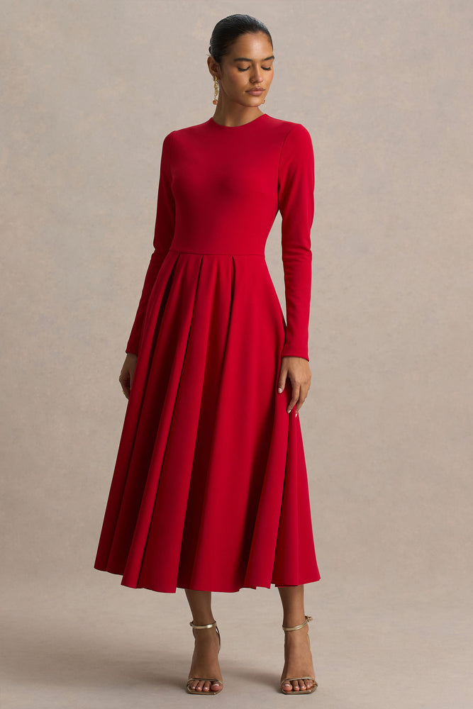 Bellamy Red Crew-Neck Long-Sleeve Midi Dress – Club L London