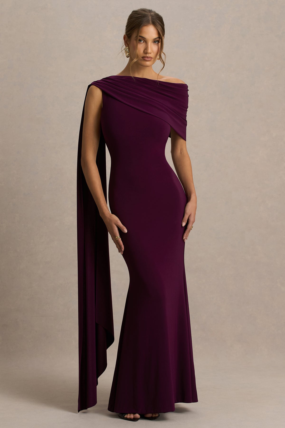 Tiana | Dark PLUM Asymmetric-Neck Maxi Dress With Draped Detail - UK 10 DEEP PLUM Tiana | Dark PLUM Asymmetric-Neck Maxi Dress With Draped Detail - UK 10 DEEP PLUM