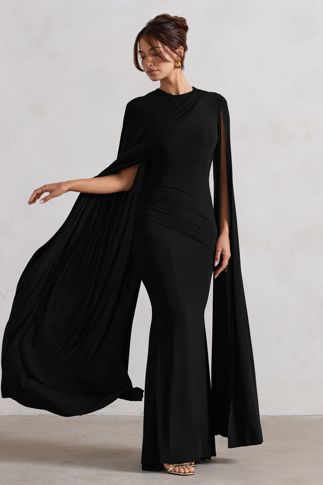 Magdelena | Black Asymmetric Cape Maxi Dress US 6 / Black Magdelena | Black Asymmetric Cape Maxi Dress US 6 / Black