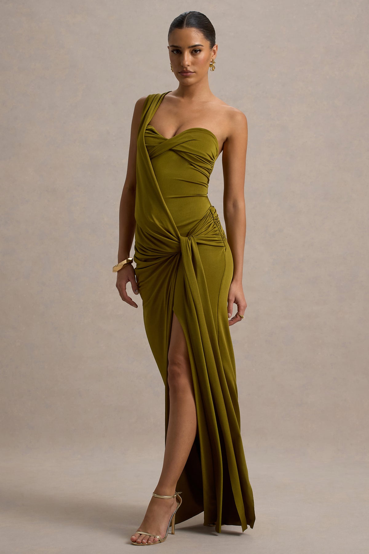 Erminia Olive Green One-Shoulder Twist Wrap Maxi Dress Club L London - USA Erminia Olive Green One-Shoulder Twist Wrap Maxi Dress Club L London - USA