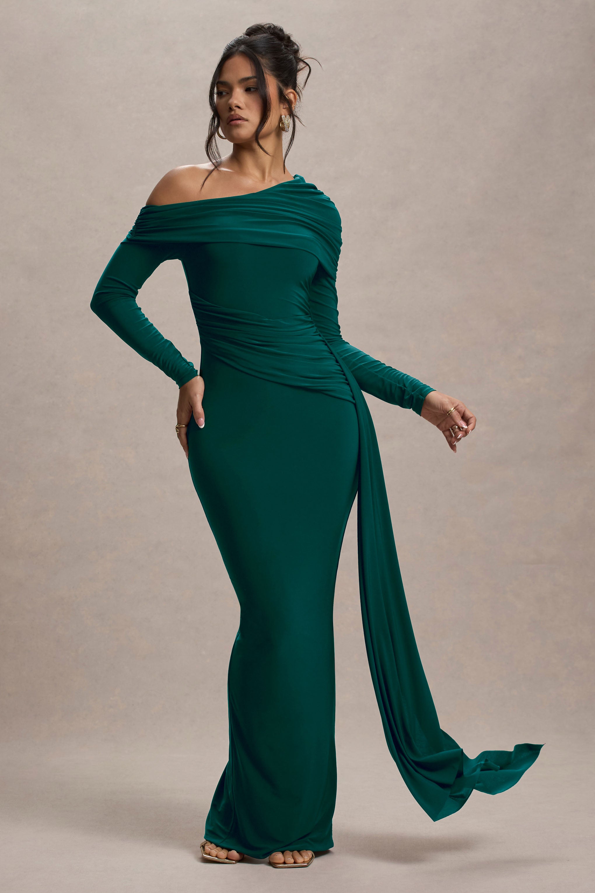 Valina | Green Ruched Asymmetric Maxi Dress With Drape – Club L