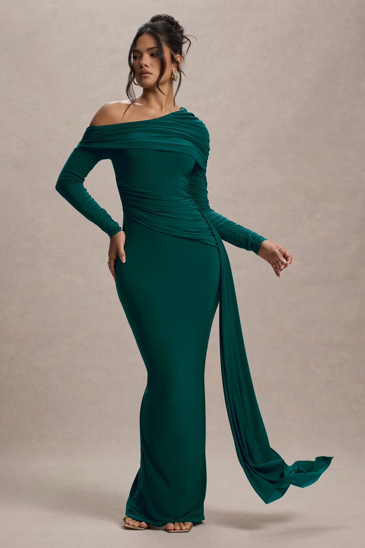 Valina | Green Ruched Asymmetric Maxi Dress With Drape - UK 6 bottle Green Valina | Green Ruched Asymmetric Maxi Dress With Drape - UK 6 bottle Green