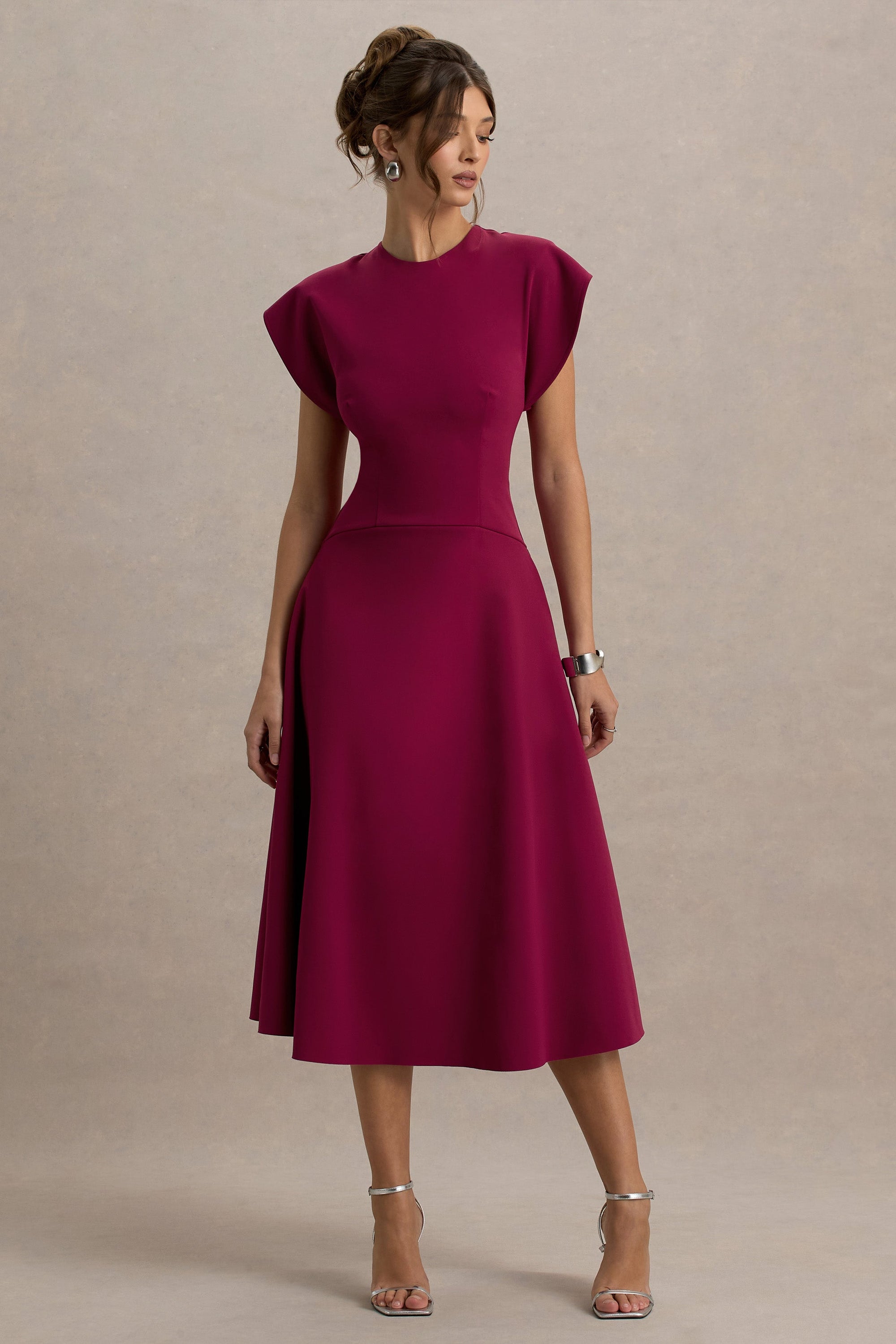Linda | DARK Cherry Crew-Neck Cap-Sleeve Midi Dress