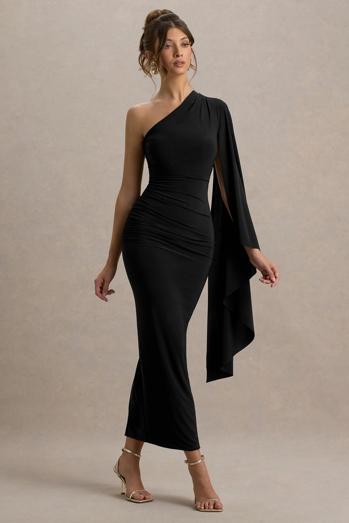 Clementina Black Asymmetric Cape Sleeve Maxi Dress – Club L London