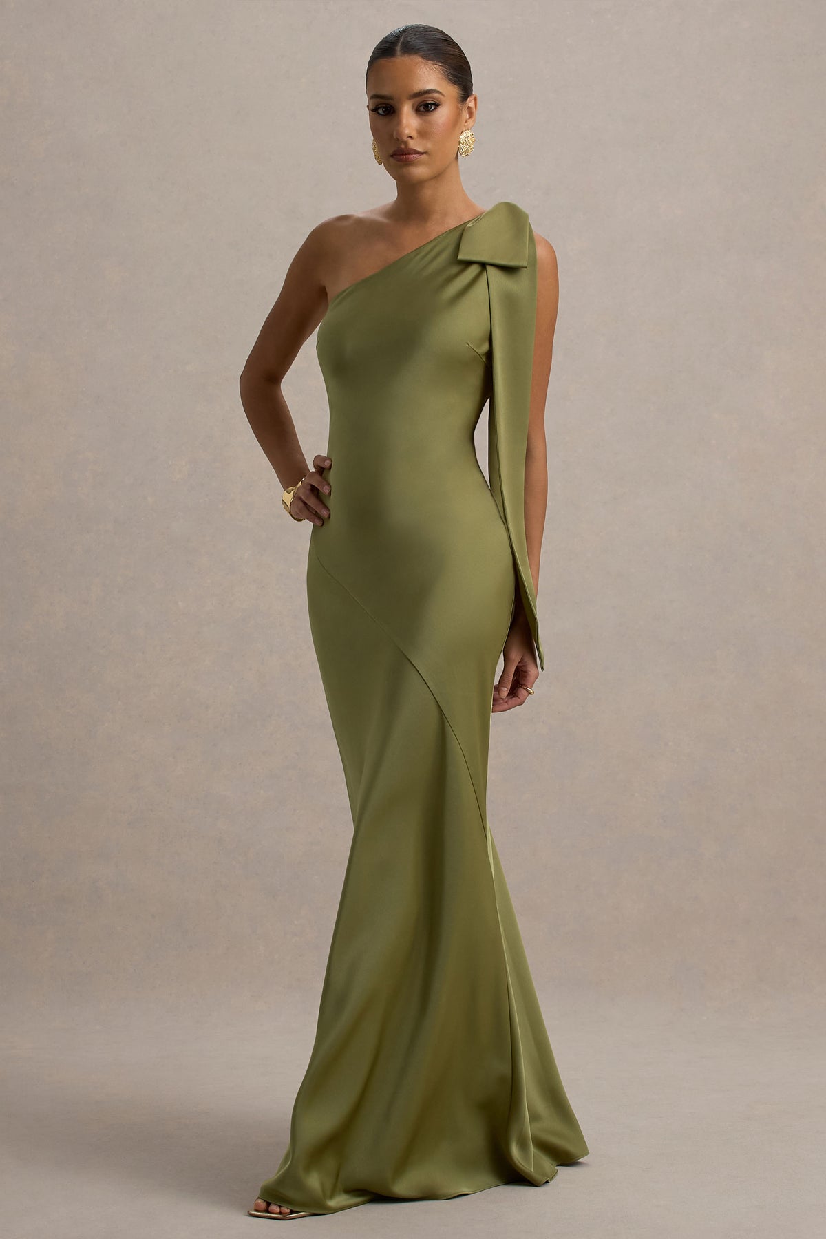 Here For Love Khaki Satin Asymmetric Maxi Dress With Bow Club L London - USA Here For Love Khaki Satin Asymmetric Maxi Dress With Bow Club L London - USA