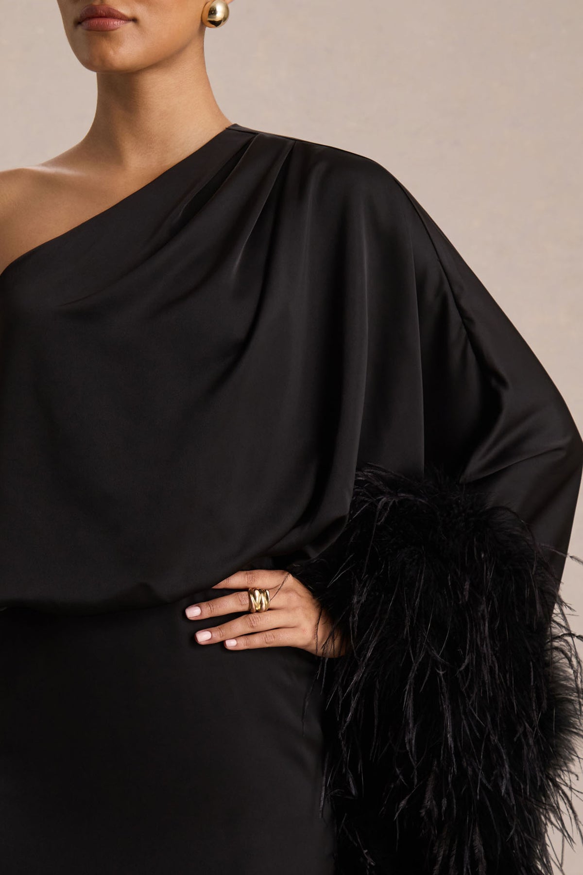 Felicity | Black Satin Asymmetric-Neck Maxi Dress with Feather Detailing - UK 8 Black Felicity | Black Satin Asymmetric-Neck Maxi Dress with Feather Detailing - UK 8 Black