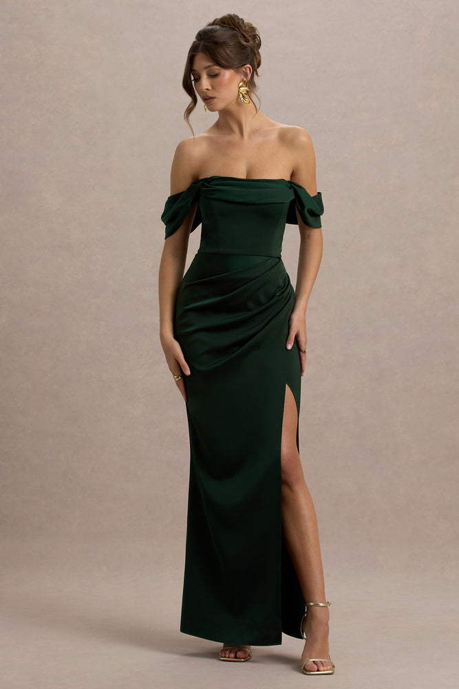 Annie | Bottle Green Satin Bardot Maxi Dress With Split Wrap Skirt Annie | Bottle Green Satin Bardot Maxi Dress With Split Wrap Skirt