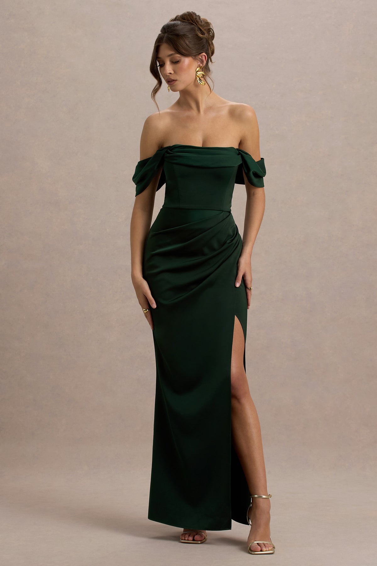 Annie Bottle Green Satin Bardot Maxi Dress With Split Wrap Skirt Club L London - USA Annie Bottle Green Satin Bardot Maxi Dress With Split Wrap Skirt Club L London - USA