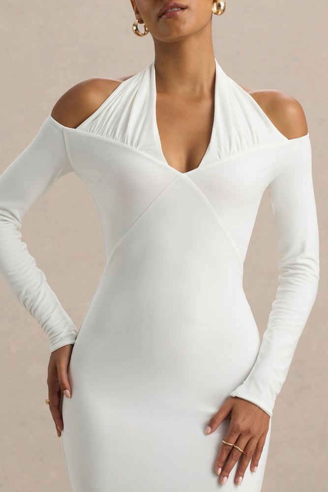 cross over halter dress Criss Cross Halter Neckline Fit and Flare Long Dress White main image 1
