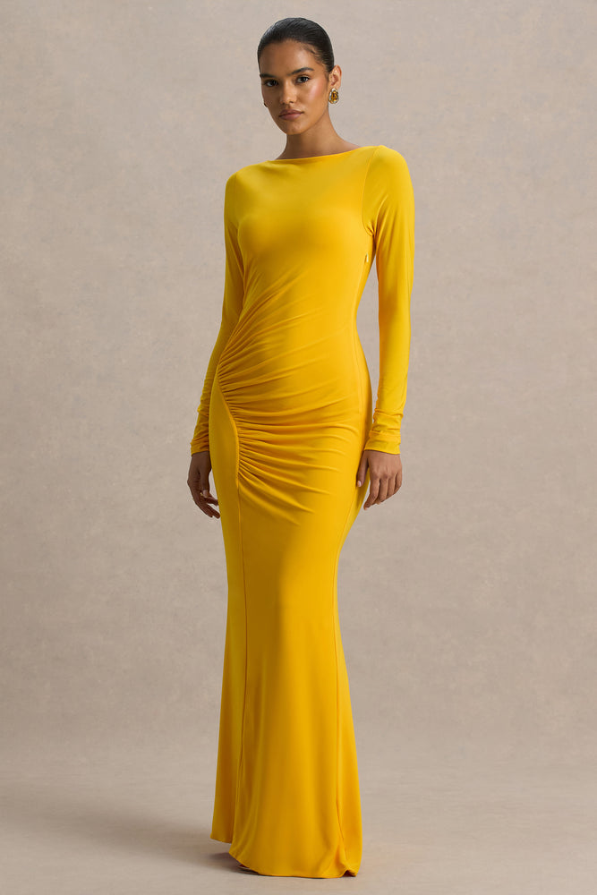 green emerald velvet dress Diva | Yellow Slashed-Neck Maxi Dress with Ruched Detailing