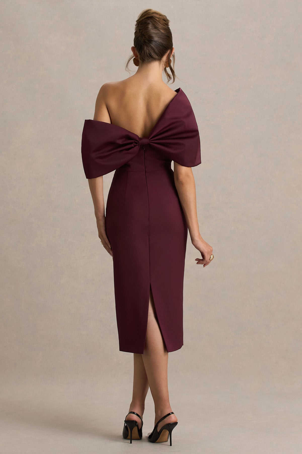 Lucille Burgundy Asymmetric Bardot Midi Dress With Bow Detail Club L London - USA Lucille Burgundy Asymmetric Bardot Midi Dress With Bow Detail Club L London - USA