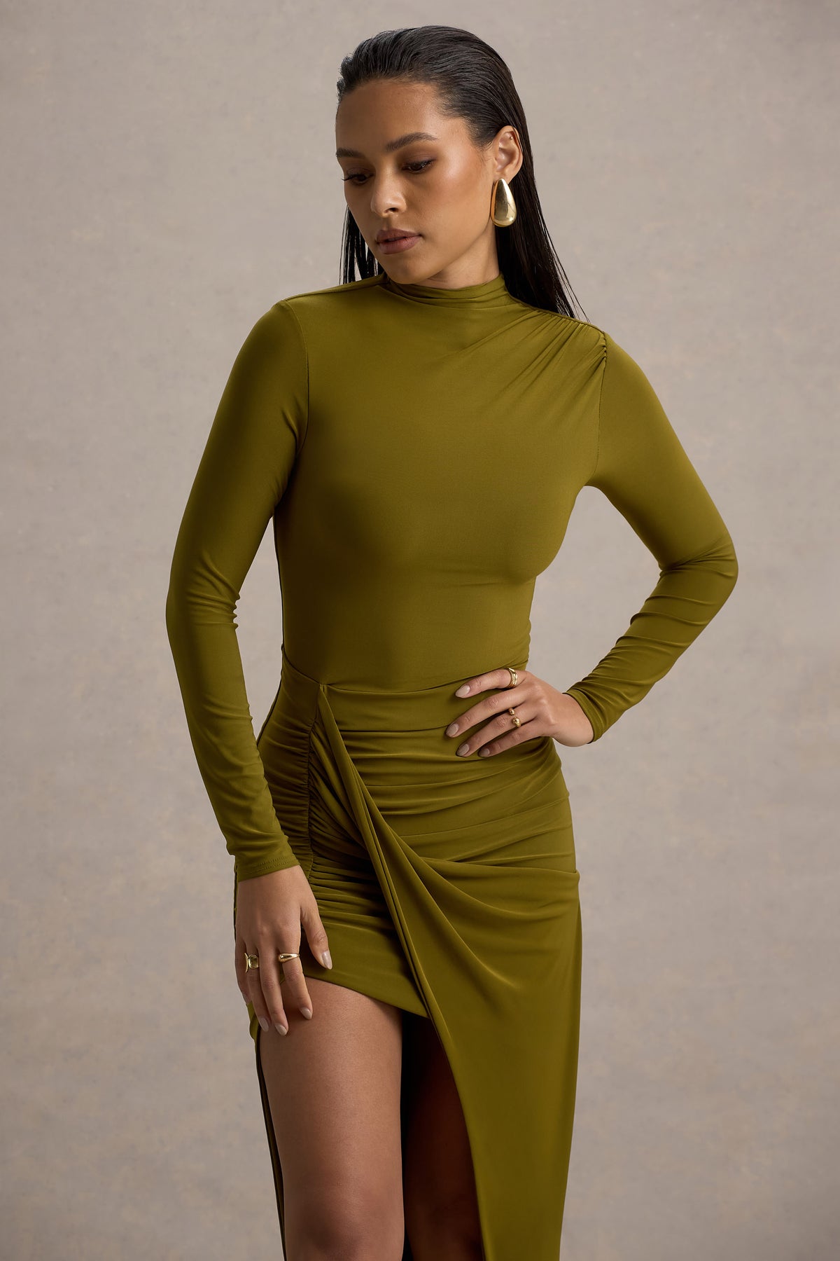 Victoria | Green Long-Sleeve Maxi Dress With Wrap Skirt