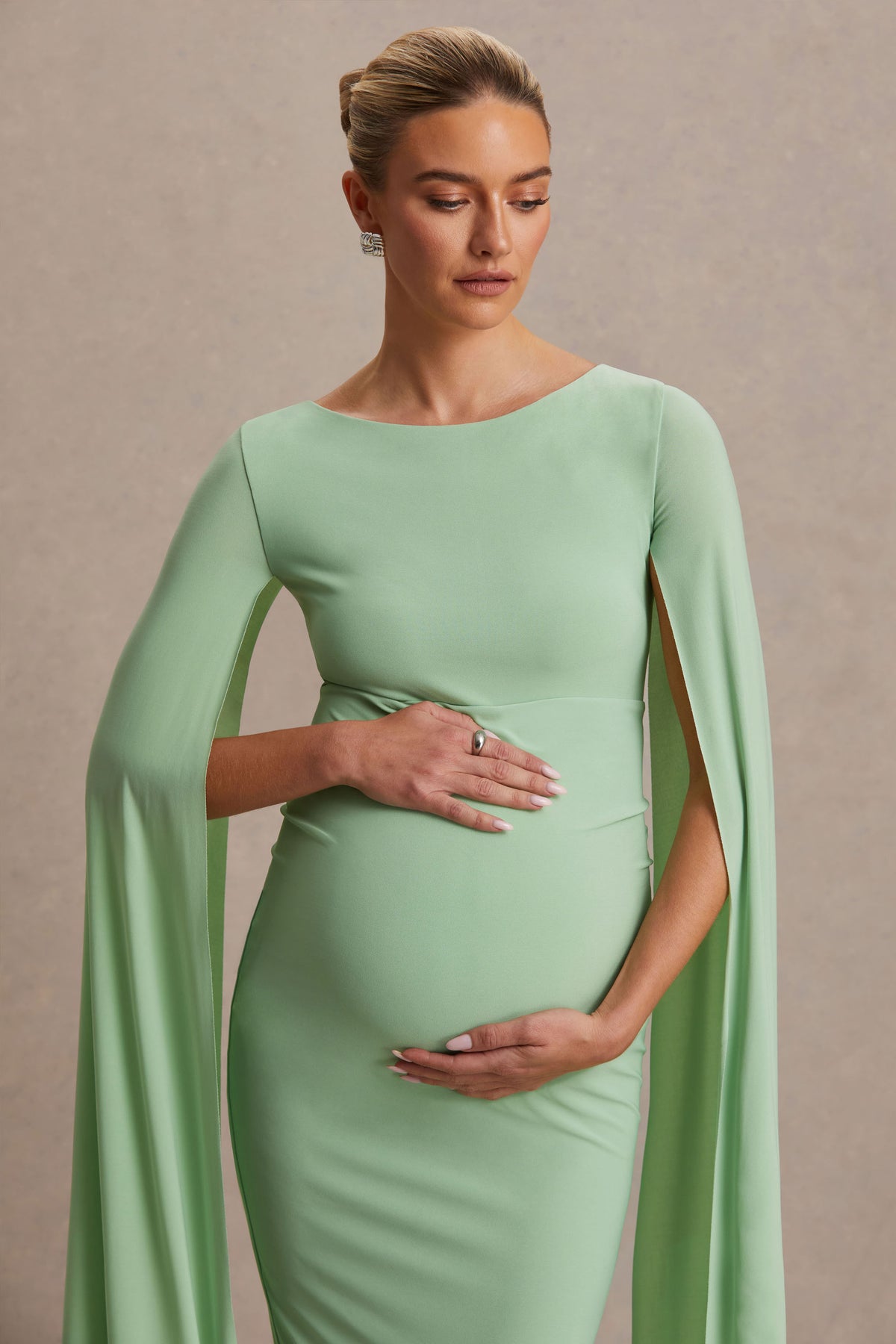 Providence | Light Green High-Neck Maternity Midi Dress with Cape Sleeves - UK 16 Light Green Providence | Light Green High-Neck Maternity Midi Dress with Cape Sleeves - UK 16 Light Green