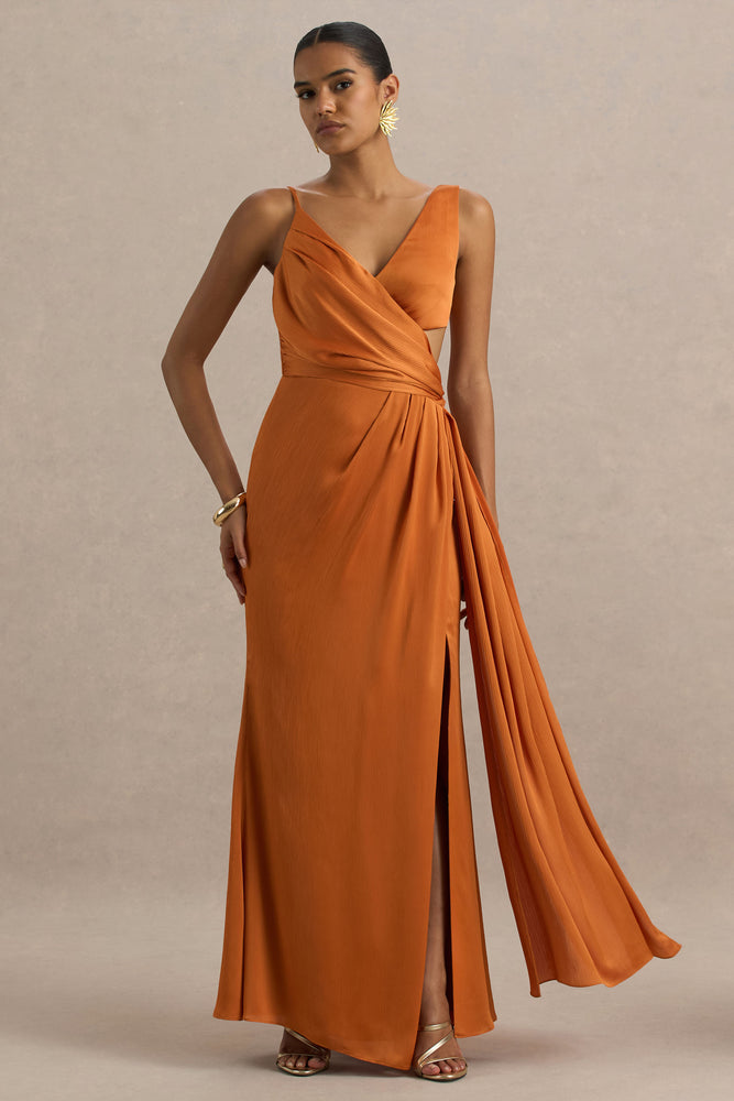 Livia | Orange Plunge-Neck Fishtail Maxi Dress - UK 8 Orange