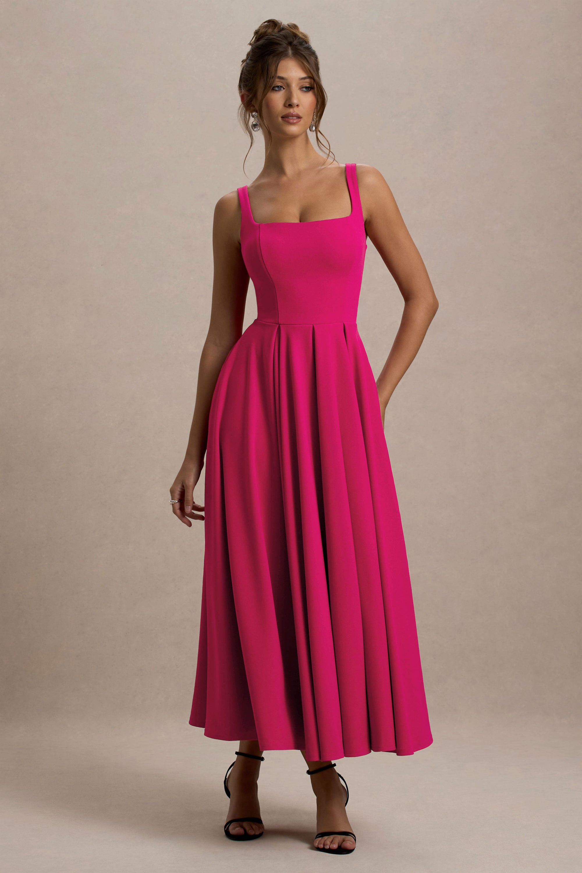 hot pink tea length dress Women's Hot Pink Ruched Bust Corset Strappy Midaxi Dress