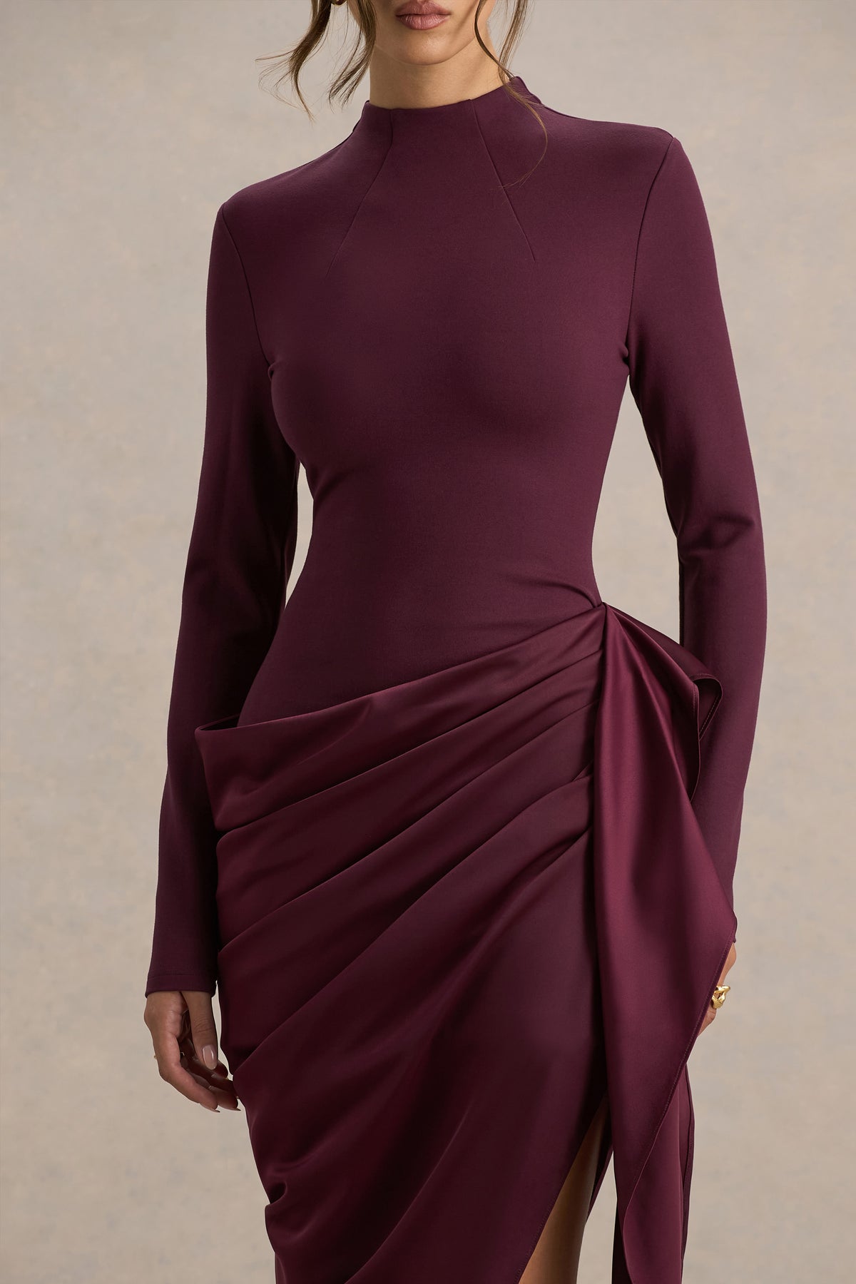 Raffie | Plum Long-Sleeve Midi Dress With Satin Wrap Skirt - UK 14 aubergine Raffie | Plum Long-Sleeve Midi Dress With Satin Wrap Skirt - UK 14 aubergine