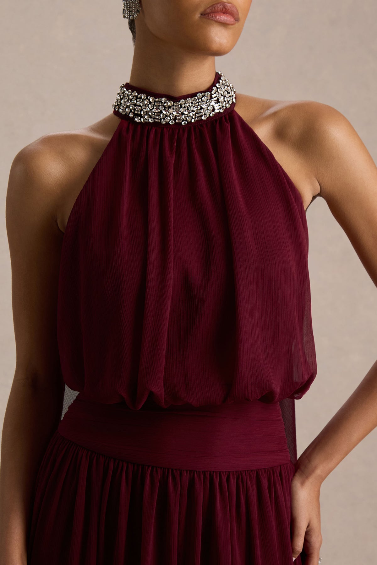 Marie | Burgundy Halter-Neck Maxi Dress With Embellished Detailing - UK 12 Burgundy Marie | Burgundy Halter-Neck Maxi Dress With Embellished Detailing - UK 12 Burgundy