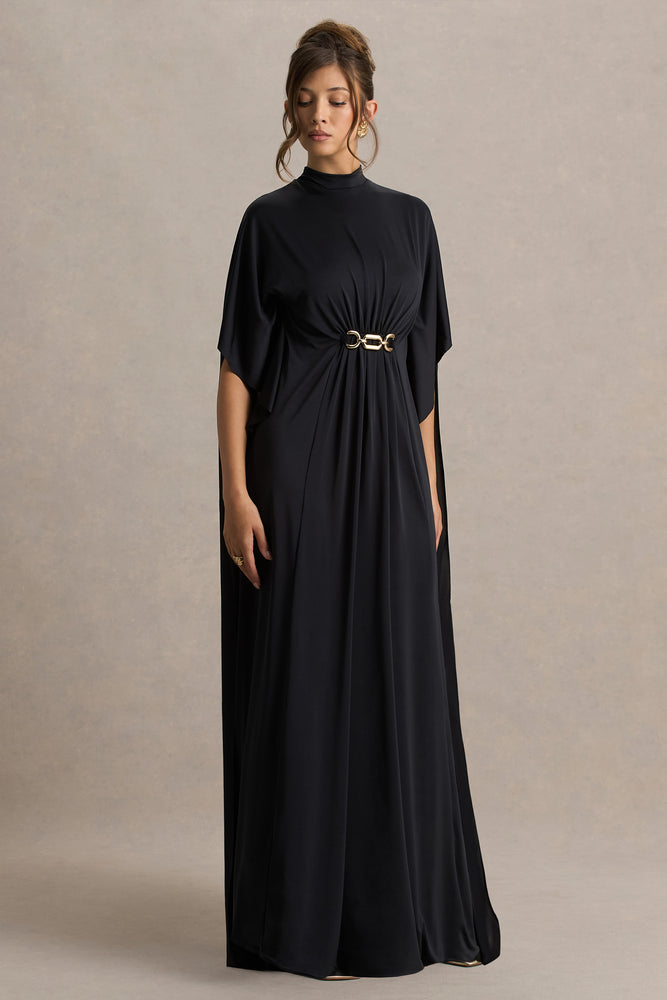 Olessia Black Belted Gathered Cape-Sleeve Maxi Dress – Club L