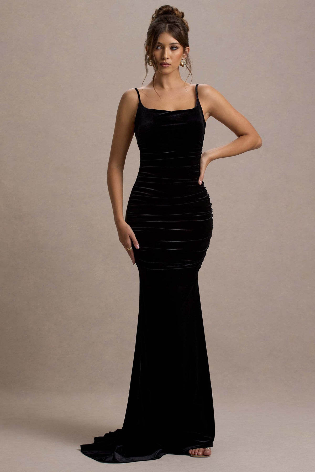 Adele | Black Velvet Ruched Strappy Fishtail Maxi Dress US 4 / Black Adele | Black Velvet Ruched Strappy Fishtail Maxi Dress US 4 / Black