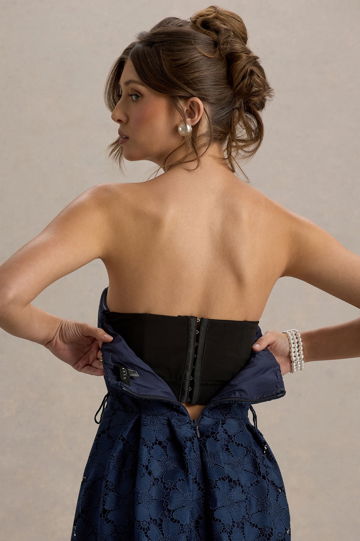 Shania Navy Lace Bandeau Skater Midi Dress Club L London - USA Shania Navy Lace Bandeau Skater Midi Dress Club L London - USA
