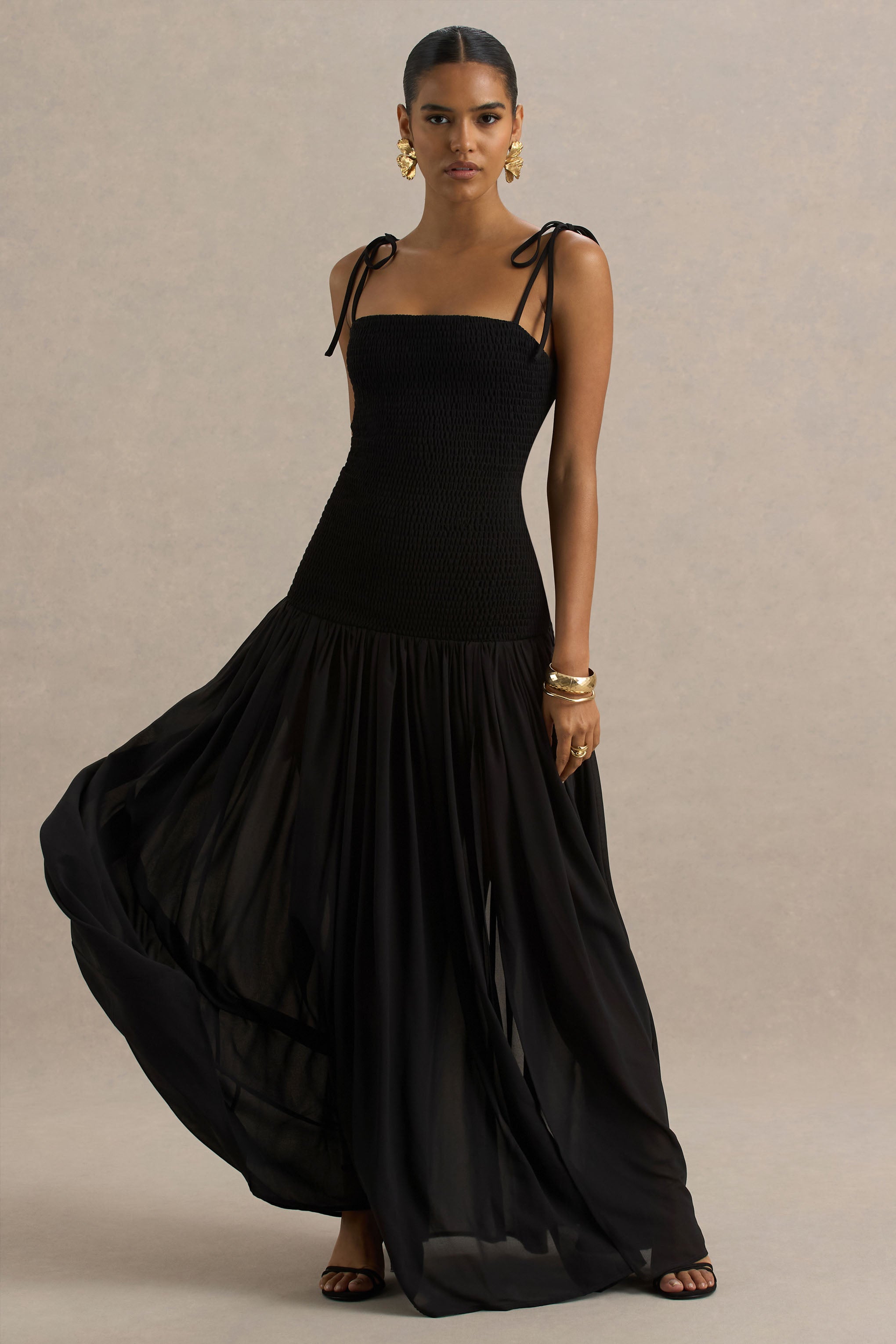 Maeva | Black Square-Neck Fishtail Maxi Dress With Ruched