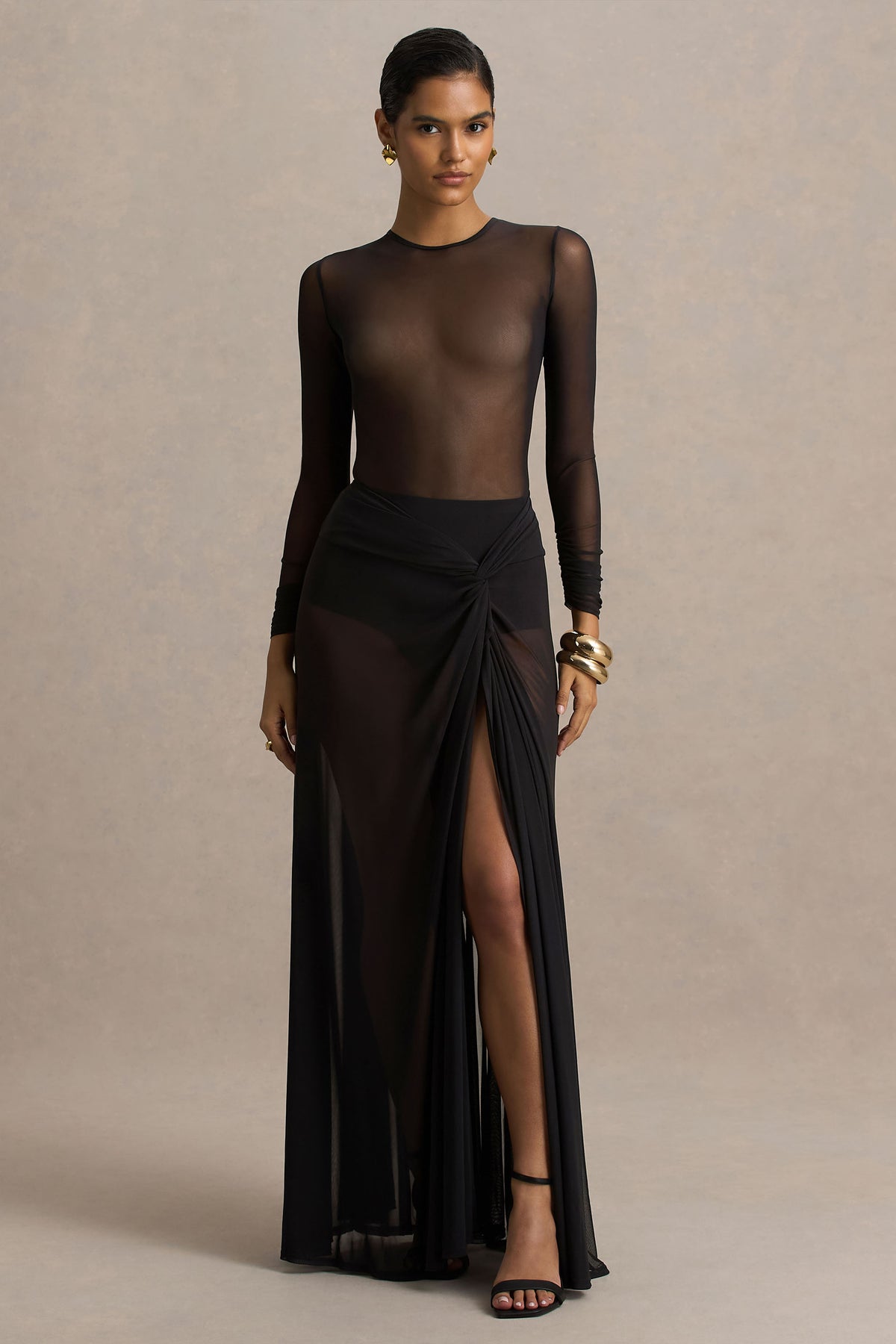 Koami | Black Long-Sleeve Ruched Maxi Dress With High Split