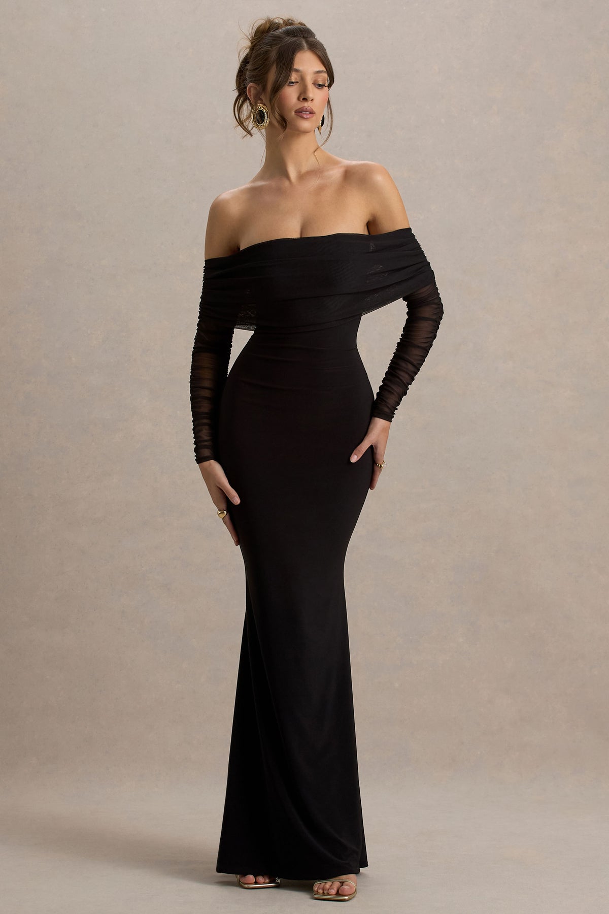 Madeleine | Black Fishtail Maxi Dress With Bardot Mesh Long Sleeves - UK 12 Black Madeleine | Black Fishtail Maxi Dress With Bardot Mesh Long Sleeves - UK 12 Black