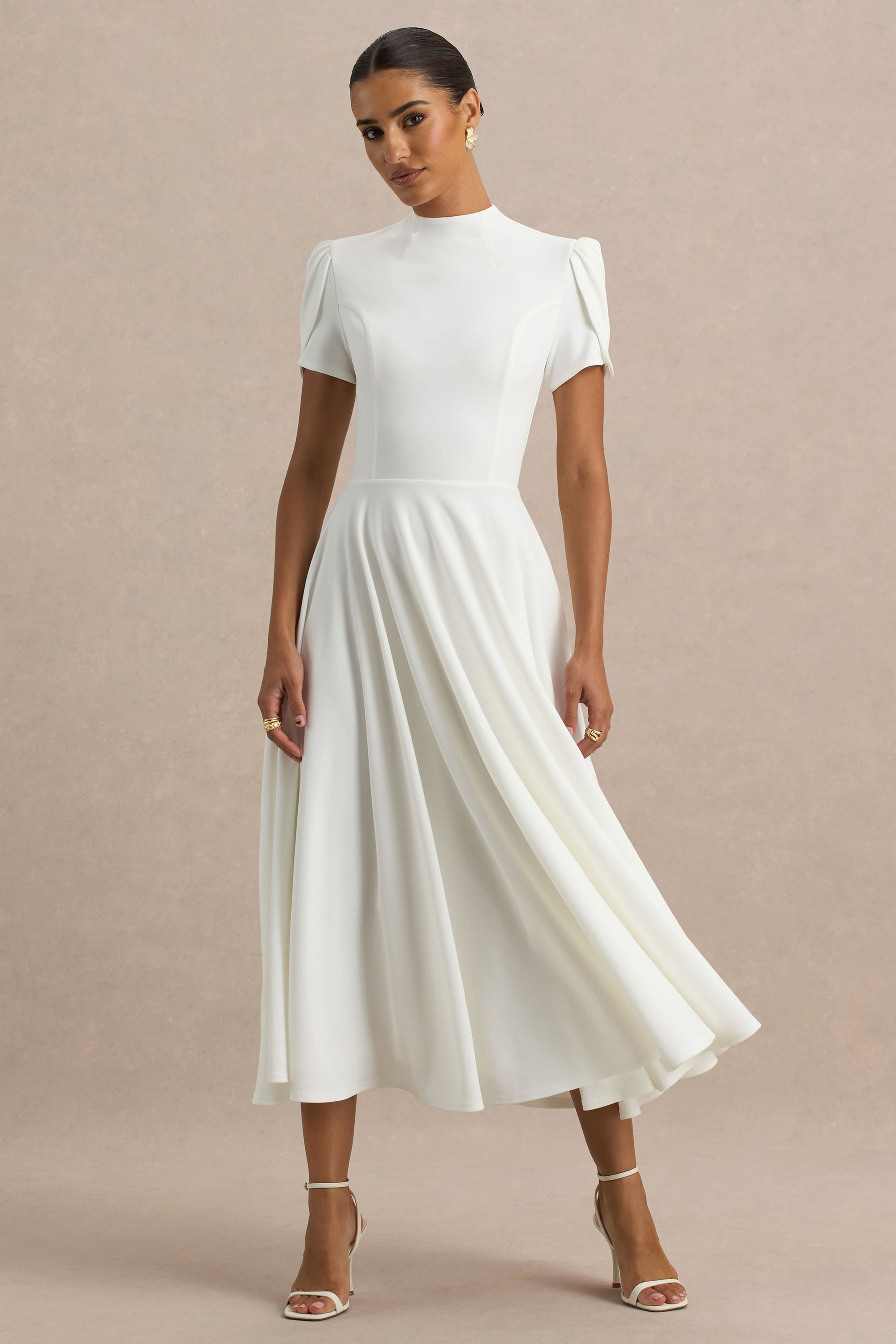 midi white dress with puff sleeves White Satin Midi Dress: Off-the-shoulder Puffy Sleeves