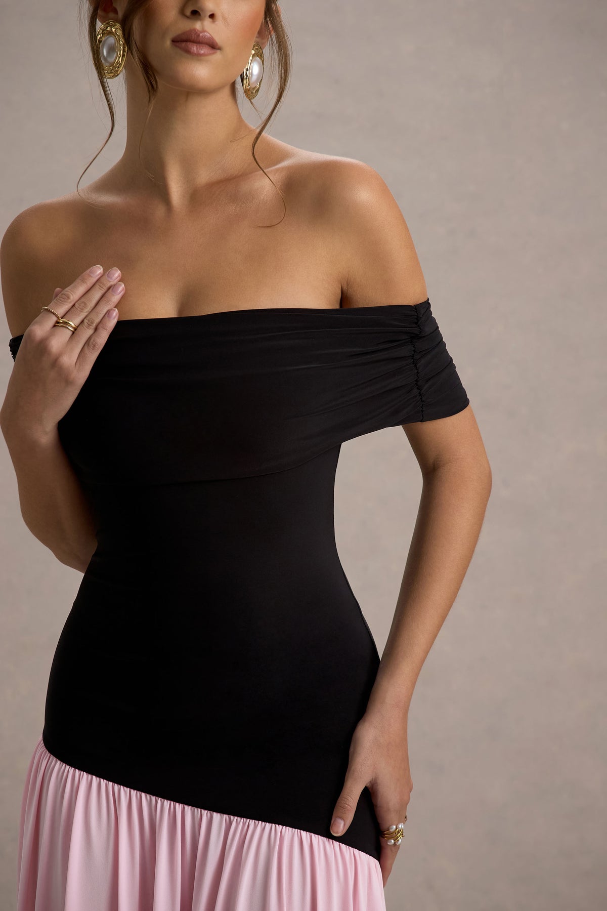 Venezia Black & Pink Bardot Maxi Dress With Drop-Waist Club L London - USA Venezia Black & Pink Bardot Maxi Dress With Drop-Waist Club L London - USA