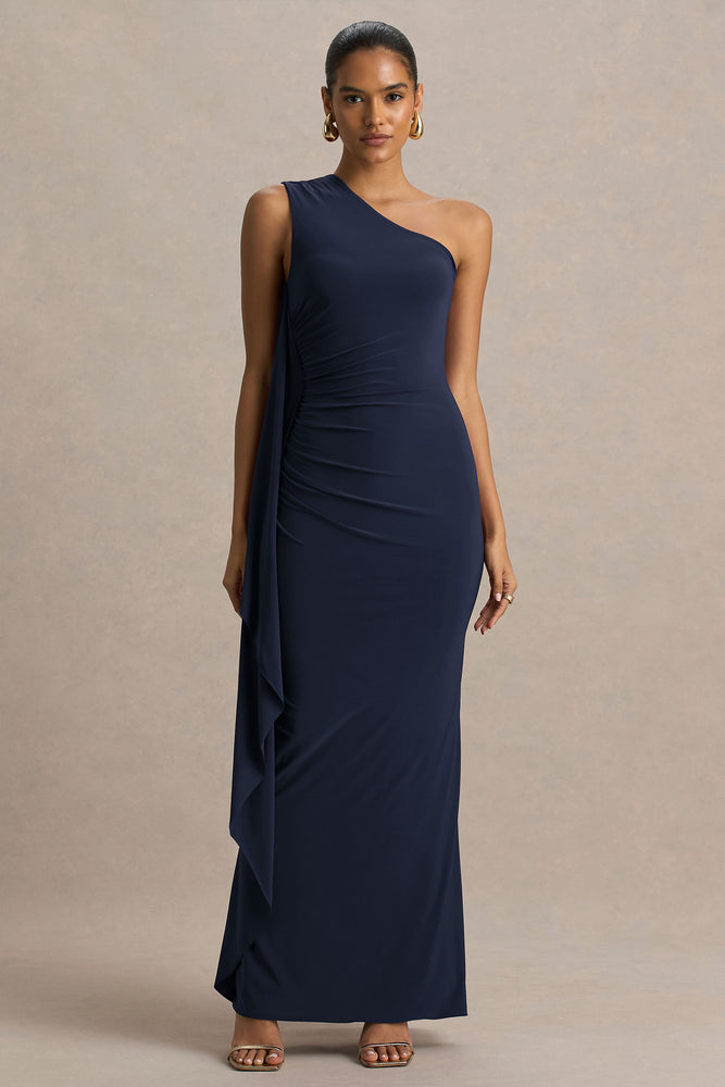 Adelina Navy One-Shoulder Maxi Dress With Drape – Club L London