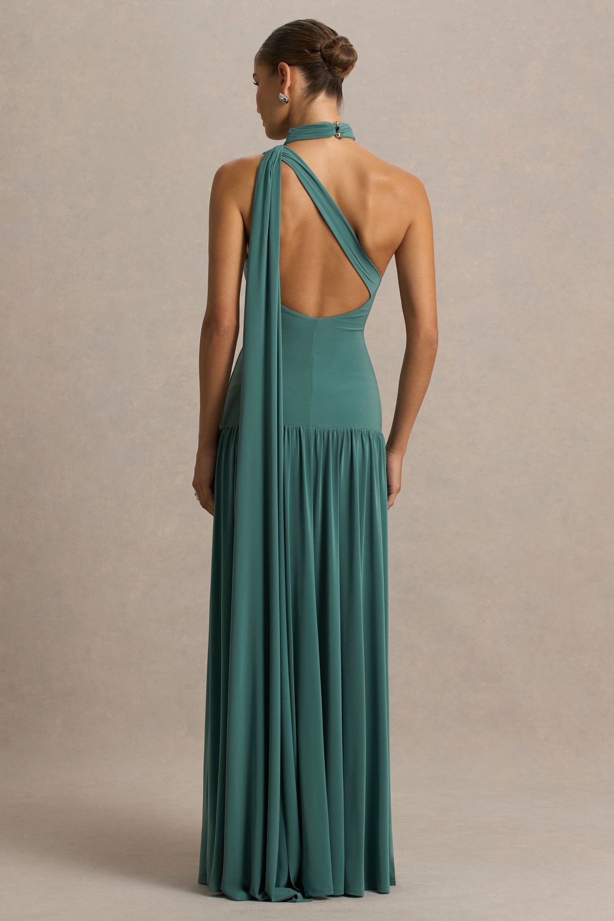 Freesia | Teal Asymmetric-Neck Maxi Dress With Scarf-Detail - UK 14 SEA PINE Freesia | Teal Asymmetric-Neck Maxi Dress With Scarf-Detail - UK 14 SEA PINE