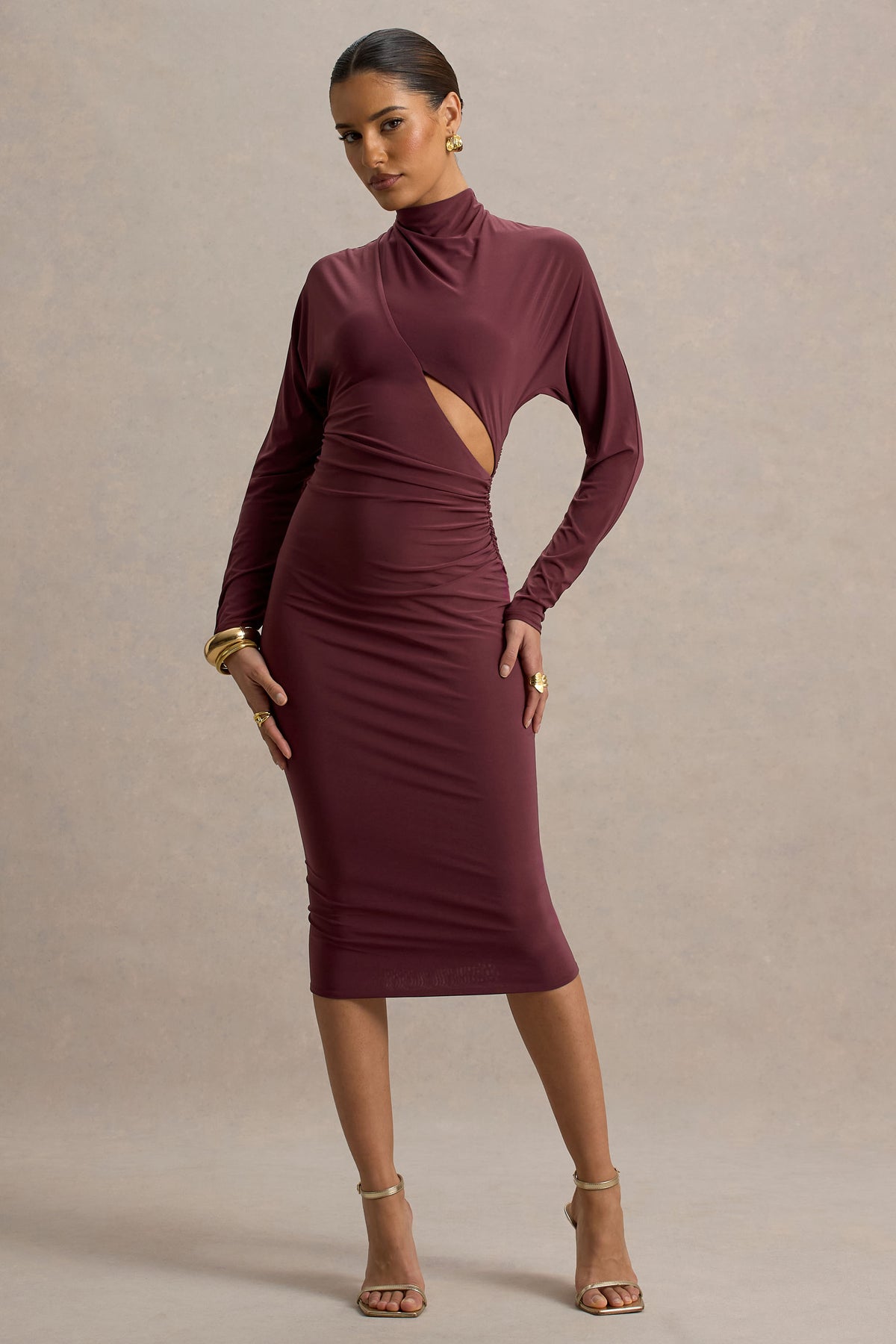 Pandora Burgundy Long-Sleeve Midi Dress With Cut-Out Club L London - USA Pandora Burgundy Long-Sleeve Midi Dress With Cut-Out Club L London - USA