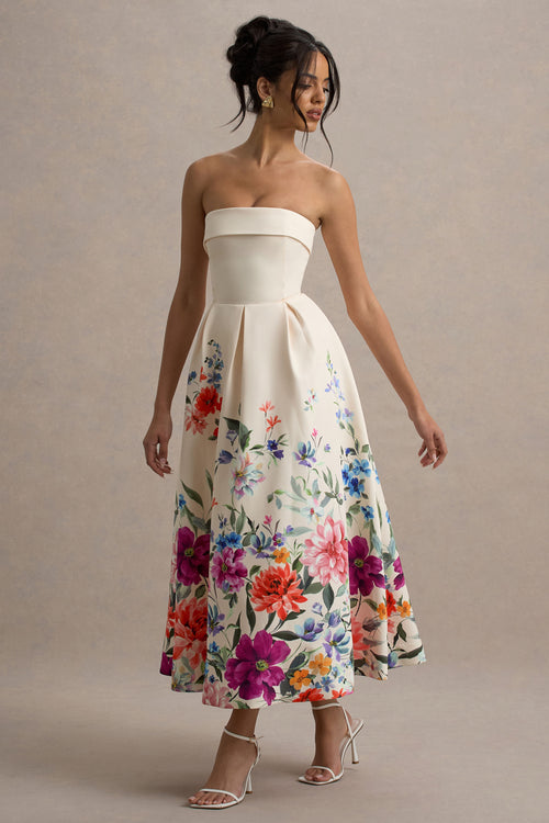 annalise light pink floral print bandeau skater midi dress Annalise | Light Pink Floral Print Bandeau Skater Midi Dress Club L London