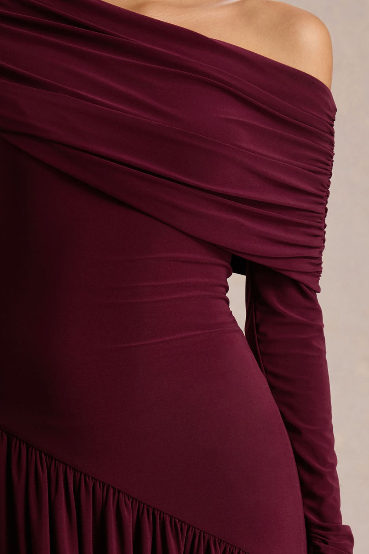Farah | Burgundy Asymmetric-Neck Maxi Dress With Drop Waist And Ruched Detailing - UK 10 Burgundy Farah | Burgundy Asymmetric-Neck Maxi Dress With Drop Waist And Ruched Detailing - UK 10 Burgundy