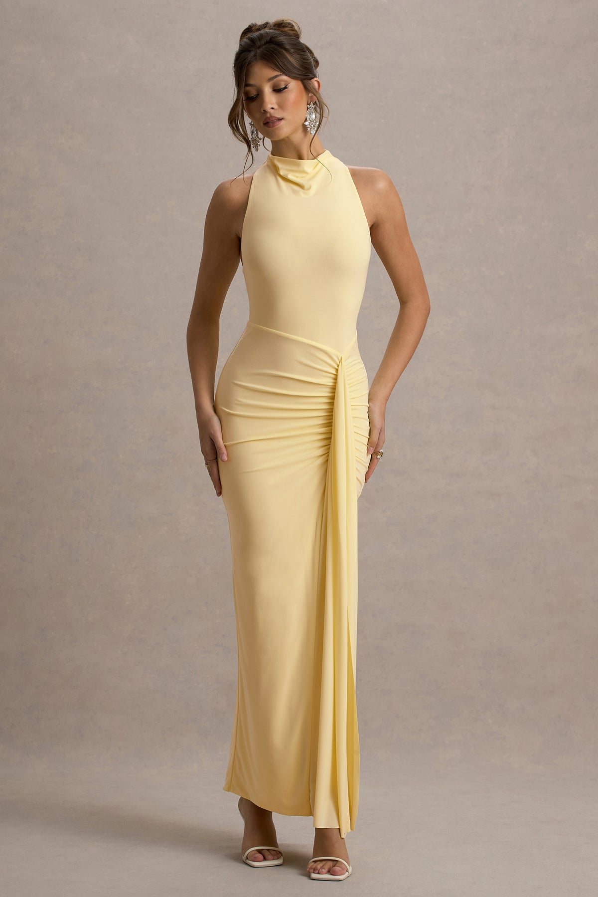 Sunflower | Lemon Ruched High-Neck Split Maxi Dress