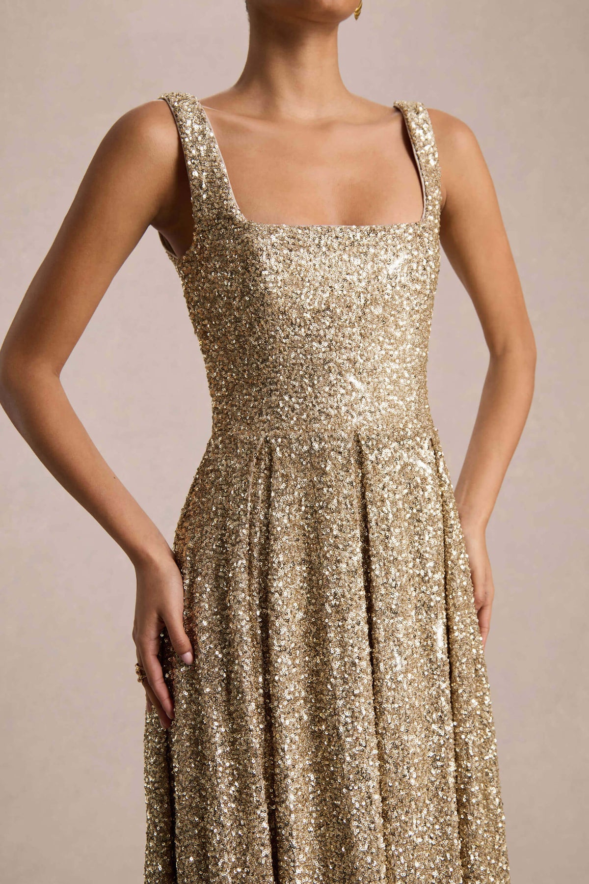 Lima | Champagne Sequin Square-Neck A-Line Midi Dress - UK 8 Champagne Lima | Champagne Sequin Square-Neck A-Line Midi Dress - UK 8 Champagne
