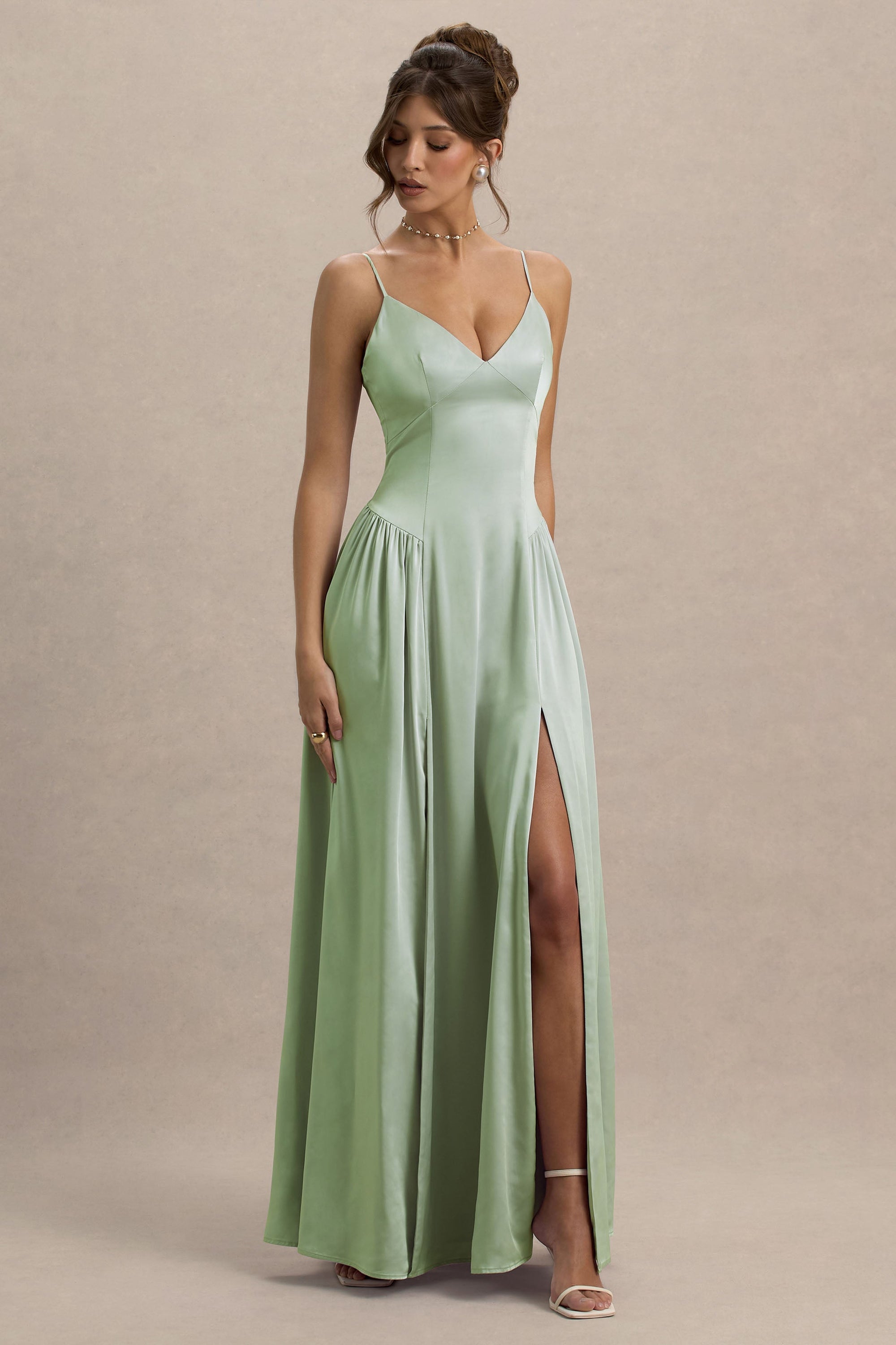 Jonas | Light Green Plunge-Neck Maxi Dress With Cami Straps – Club L London