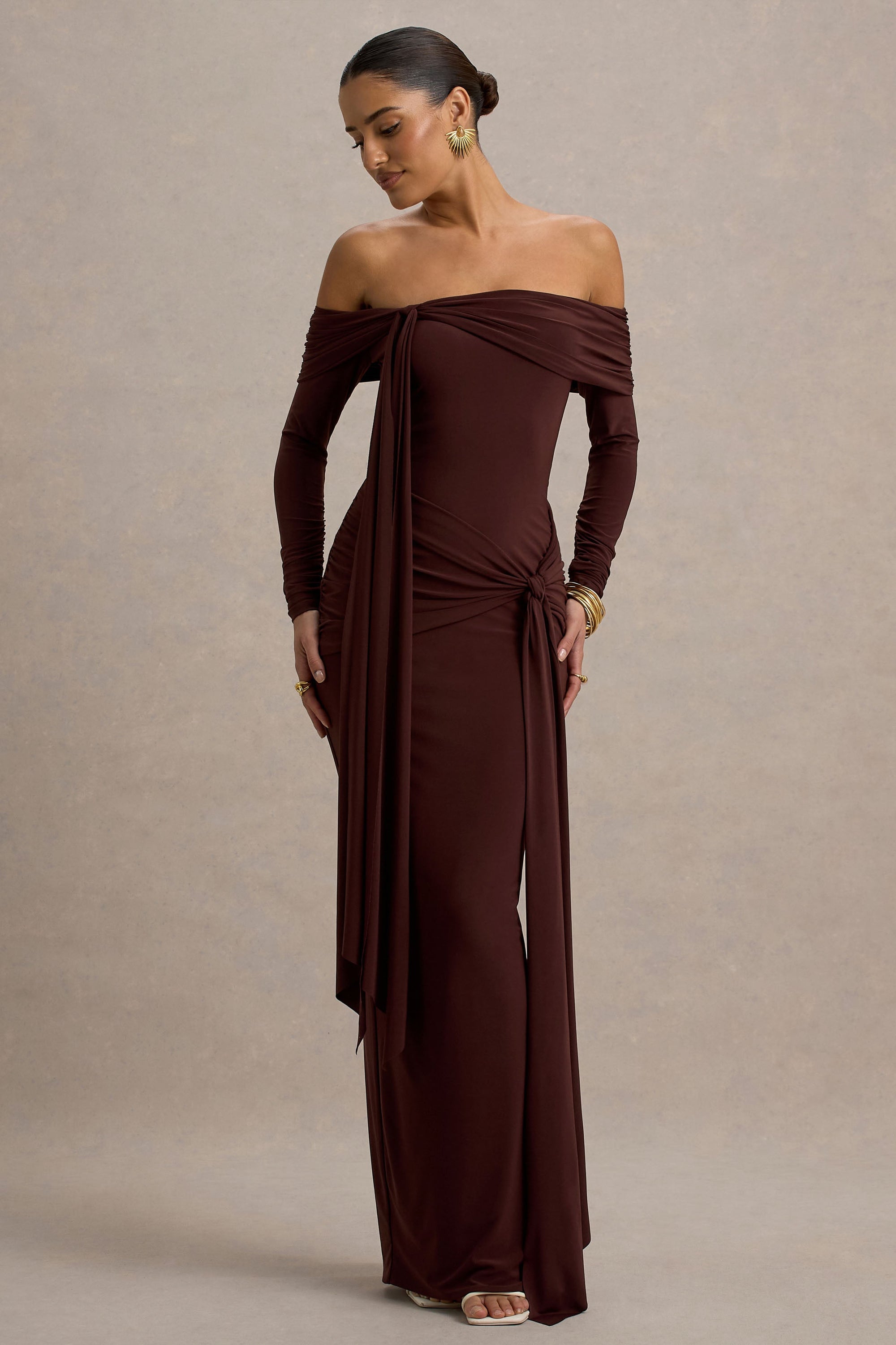 chocolate brown ribbed bardot balloon sleeve ruched bodycon dress Ruched & Ready sculpting ruched detail bodycon maxi dress in chocolate